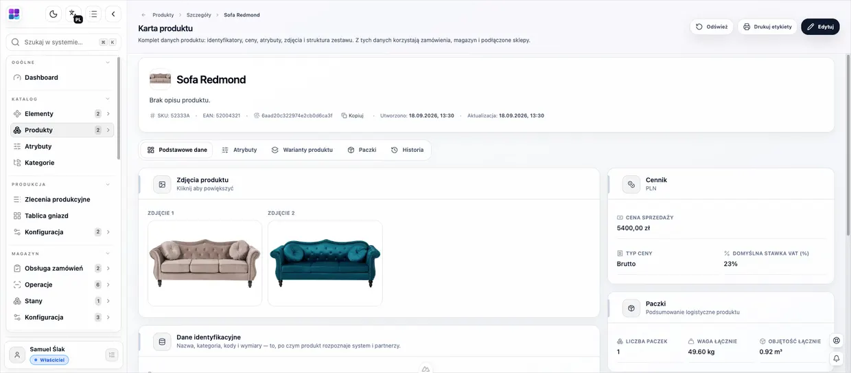 Karta produktu w Complaia ERP: zdjęcia, cennik ze stawką VAT, dane identyfikacyjne oraz podsumowanie logistyczne — liczba paczek, waga i objętość.