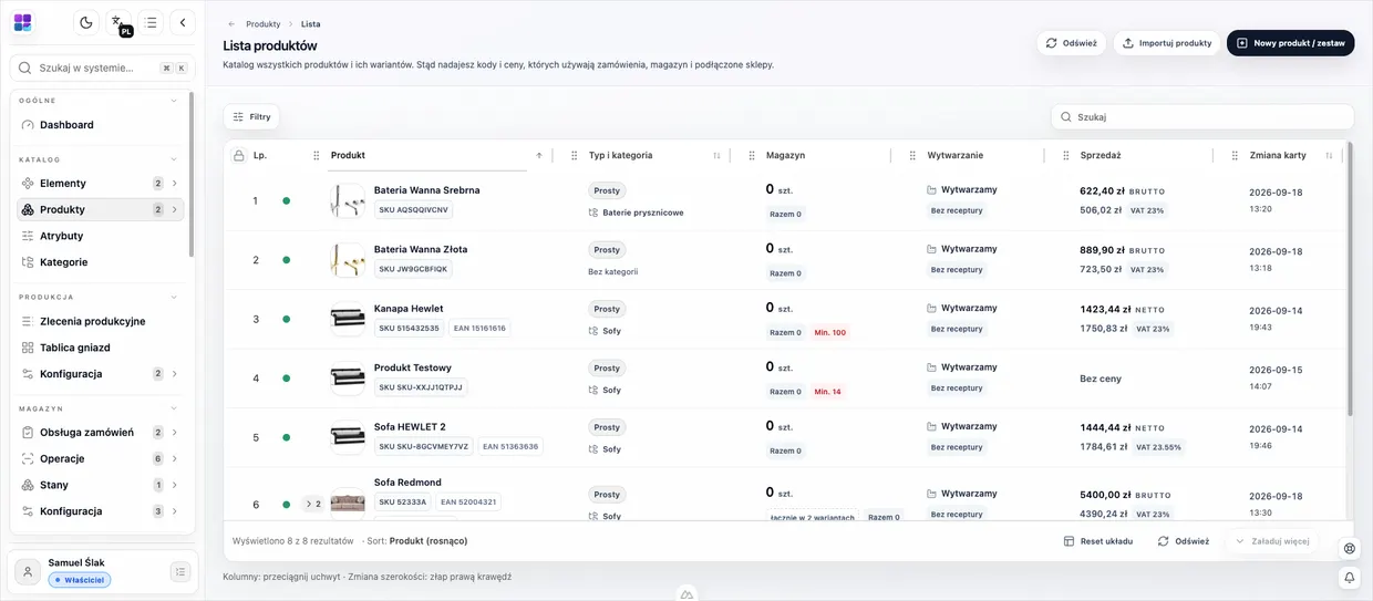 Lista produktów w Complaia ERP z kodami SKU i EAN, stanem magazynowym, informacją o wytwarzaniu oraz cenami netto i brutto ze stawką VAT.